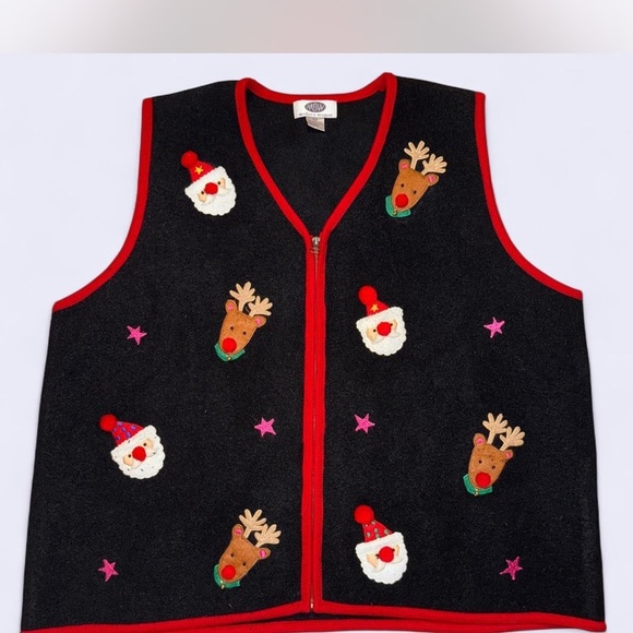 Modern Woman Jackets & Blazers - Holiday Black Vest with Red Trim and Festive Motifs